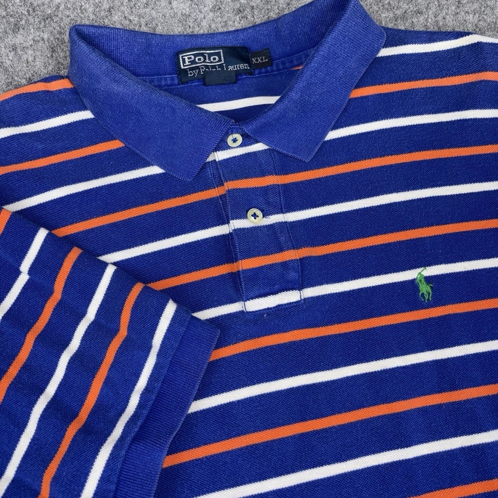 Polo Ralph Lauren Polo Shirt Mens 2XL Y2K Blue Orange Striped Preppy‎ Casual EUC